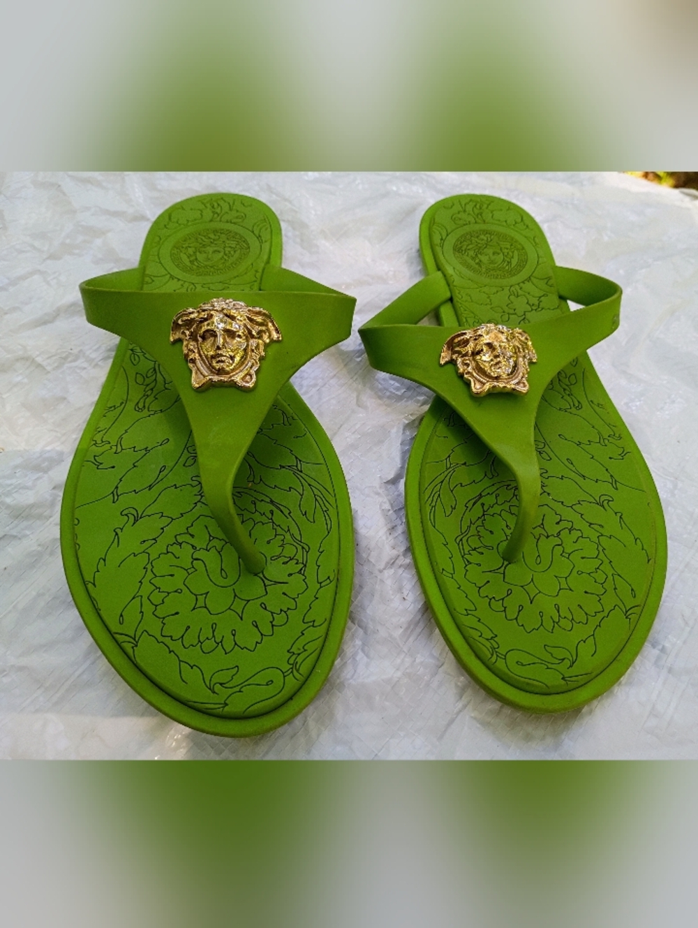 Versace Lime Green Medusa Thong Sandals with Gold Medallions - Picture 3 of 8
